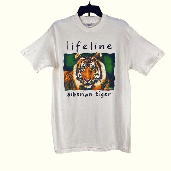 Vintage 1992 tee shirt Lifeline Siberian Tiger Hanes Beefy-T size Med - Picture 1 of 5